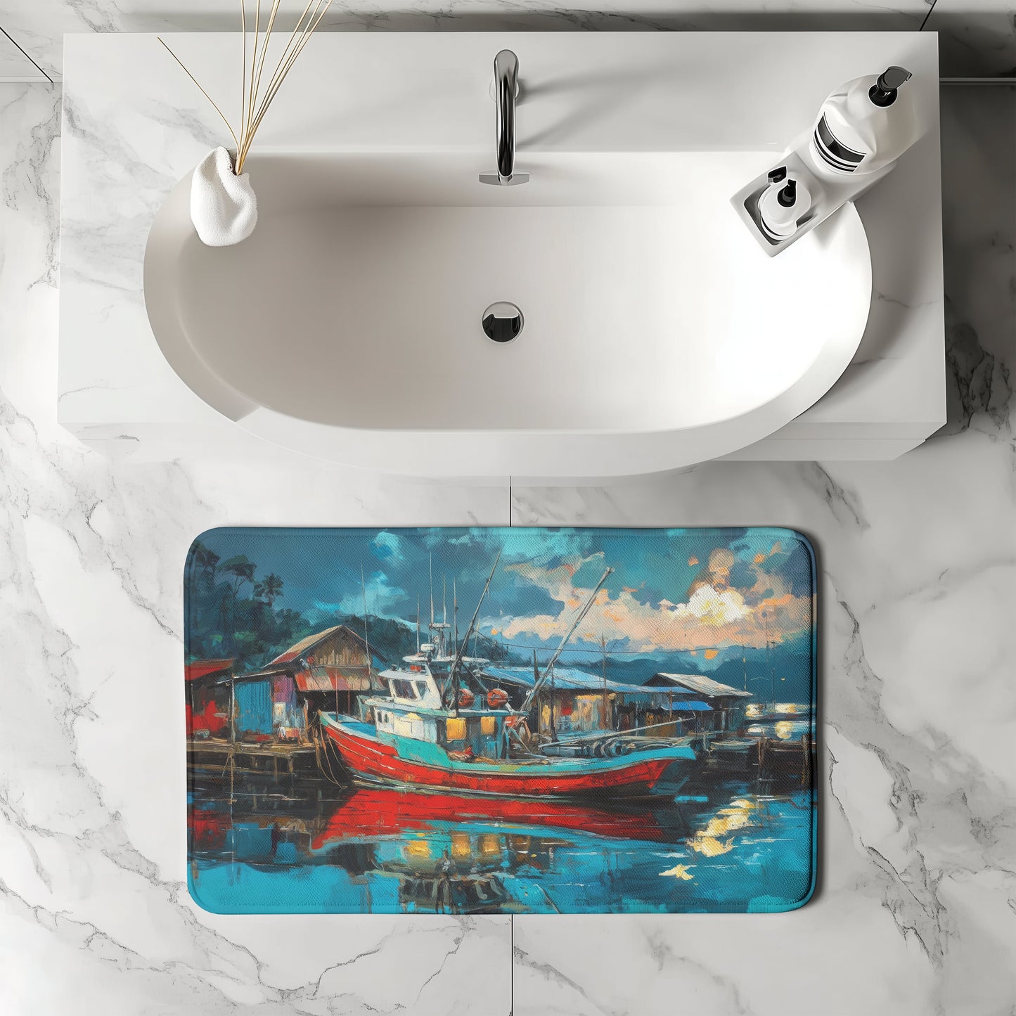 Fishing Boat in Storm Bath Mat