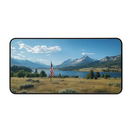 Flag By Mountain Lake Desk Mat