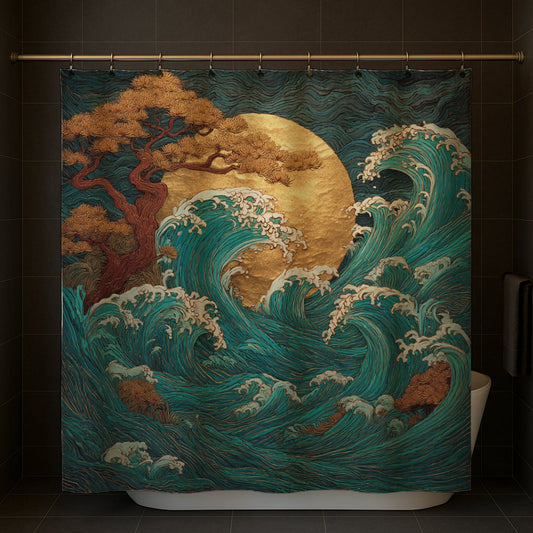 Golden Moon Waves Shower Curtain