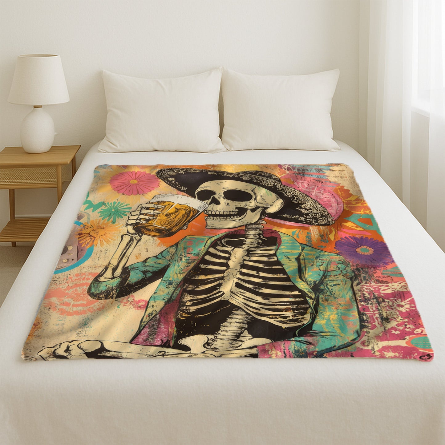 Skeleton Drinking Beer Blanket