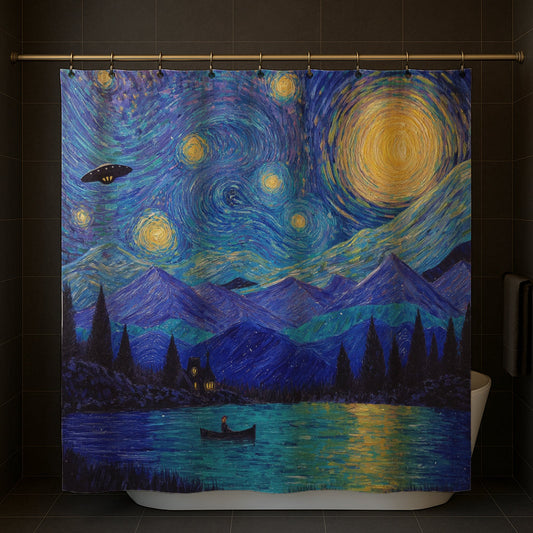 Starry Night Lake And Ufo Shower Curtain