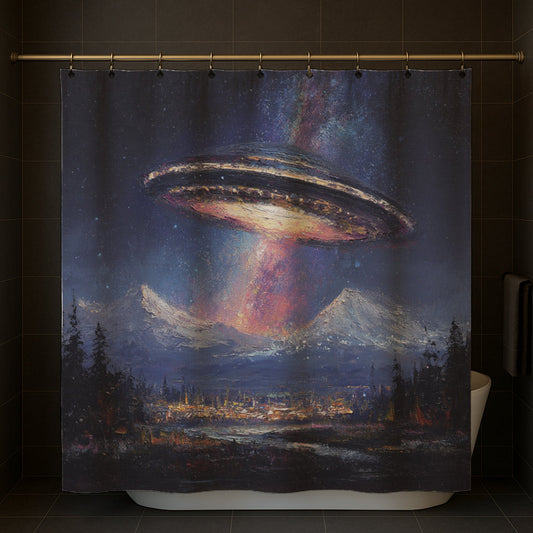 Ufo Over Mountain Town Shower Curtain