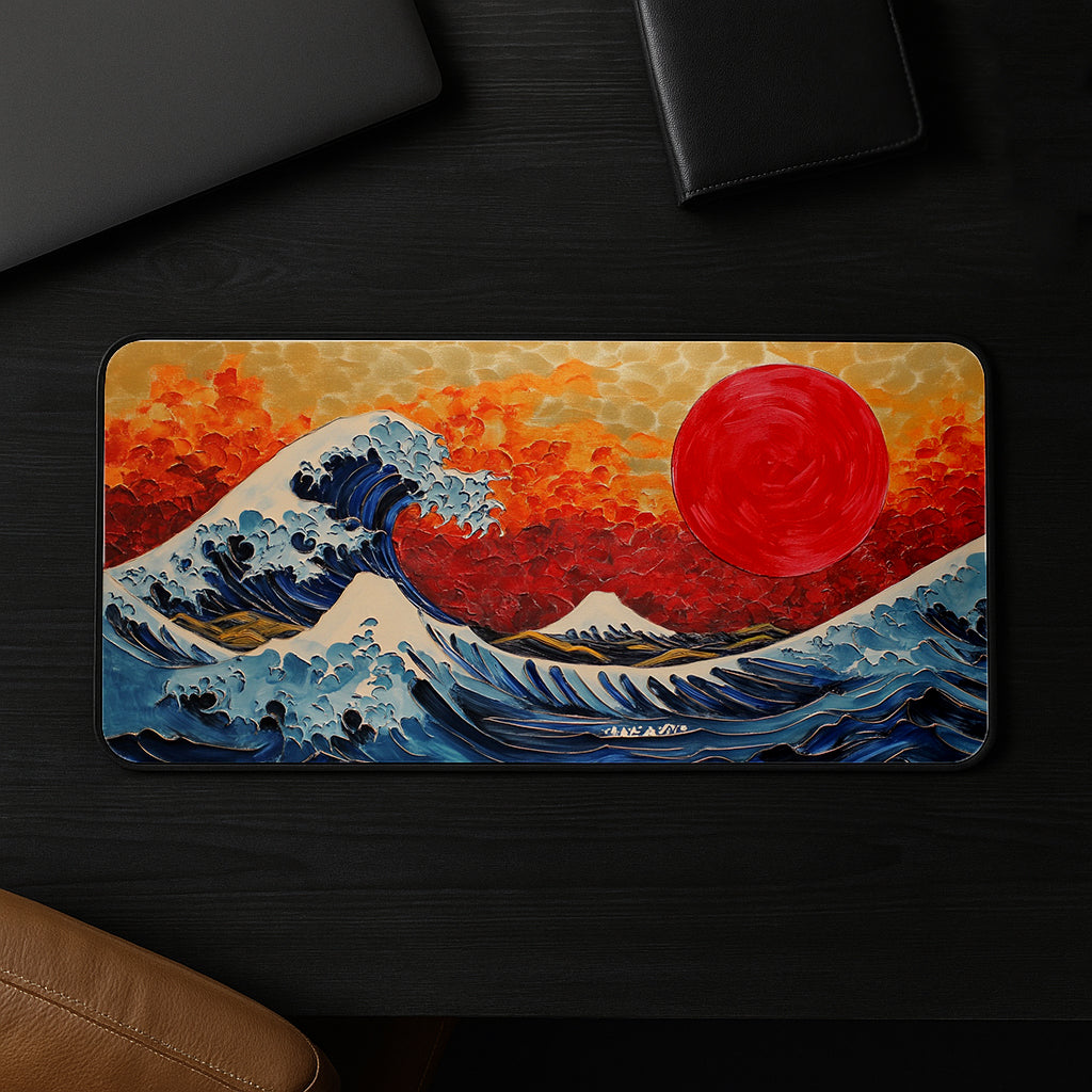 Waves And Red Sun Desk Mat