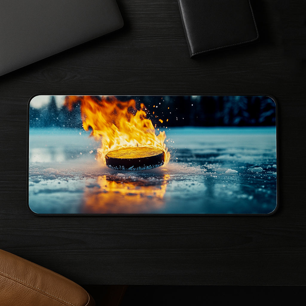 Blazing Puck On Ice Desk Mat