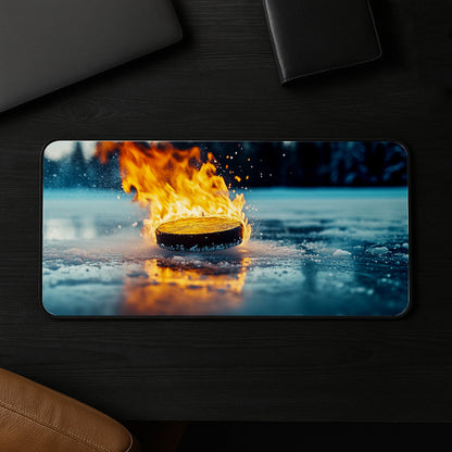 Blazing Puck On Ice Desk Mat