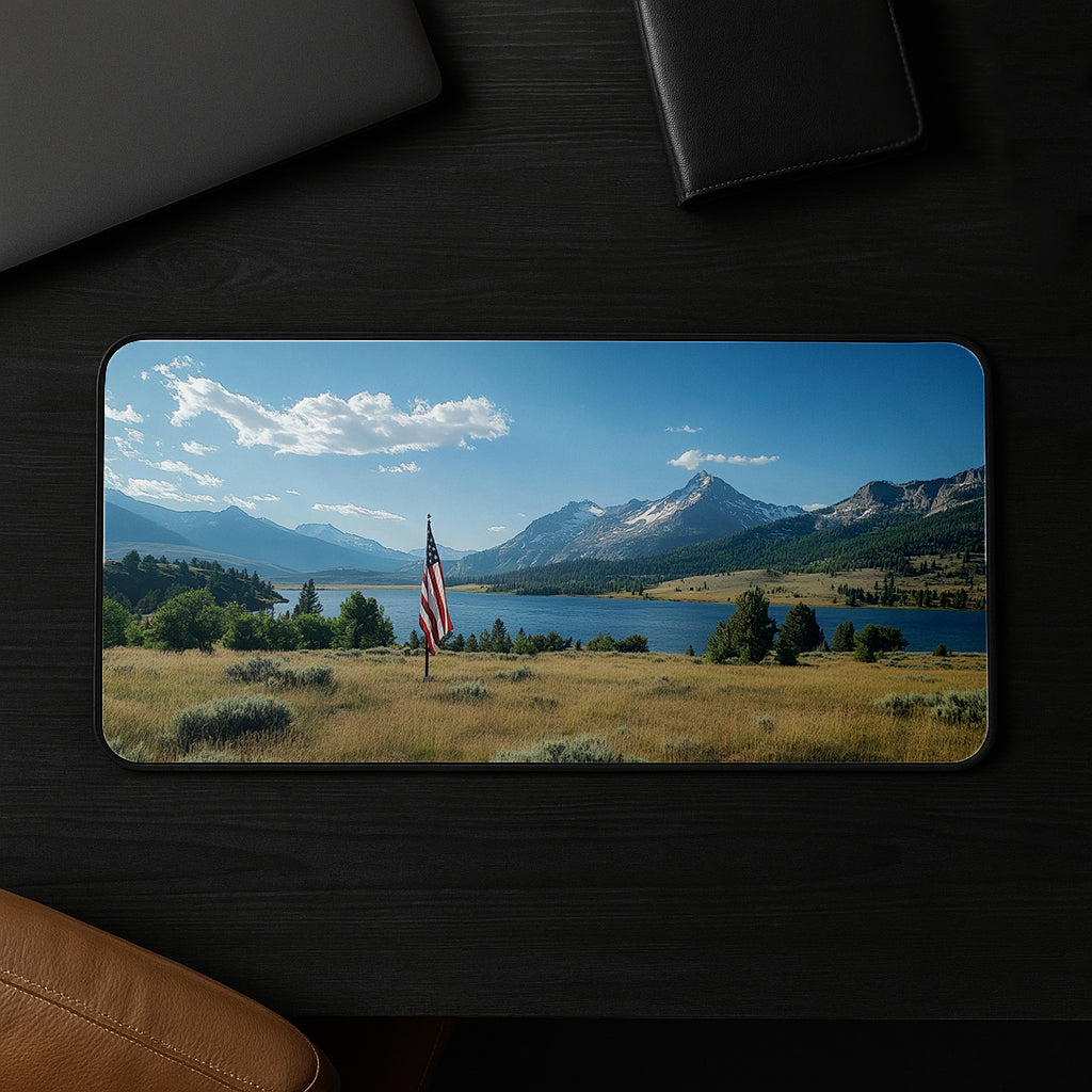 Flag By Mountain Lake Desk Mat