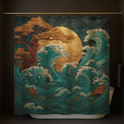 Golden Moon Waves Shower Curtain