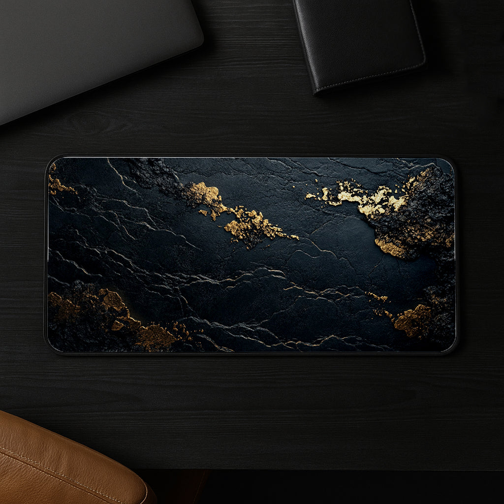 Golden Veins On Black Desk Mat