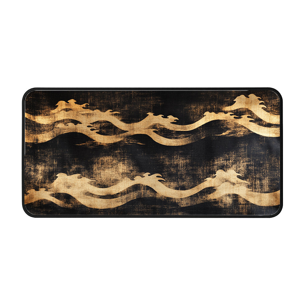 Golden Waves On Black Desk Mat