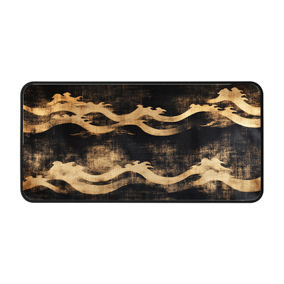 Golden Waves On Black Desk Mat