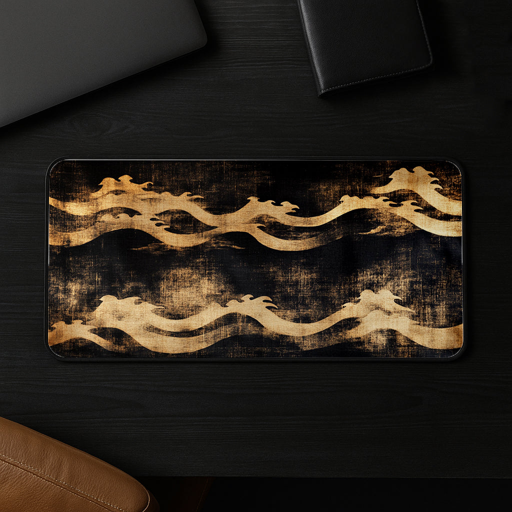 Golden Waves On Black Desk Mat