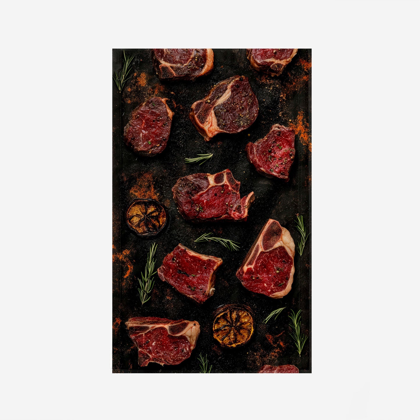 Steak And Herbs On Dark Tray Kitchen Towel