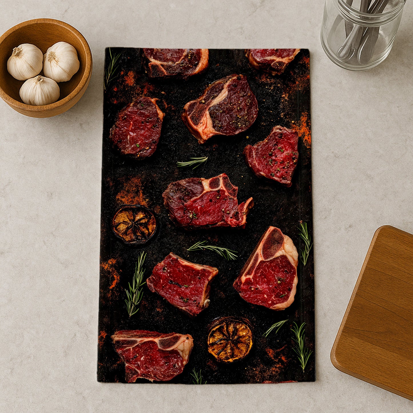 Steak And Herbs On Dark Tray Kitchen Towel